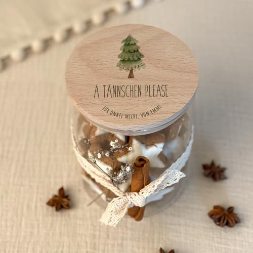 hellomini Personalisiertes Vorratsglas mit Holzdeckel, Keksdose mit Gravur, Geschenk zu Weihnachten, Keksglas mit Buchenholz Deckel, Zwei Größen (Tannenbaum, 750ml)