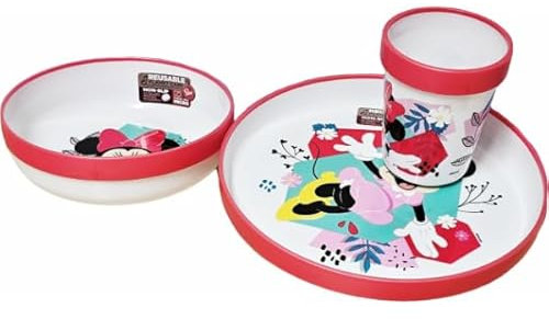 Juego de vajilla reutilizable para niños bicolor – Juego compuesto por 3 piezas: Plato, cuenco y vaso para niños y bebés con base antideslizante – Libre de BPA (para Minnie Mouse)