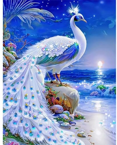 TDFERAN Diamant-Stickerei-Set, Pfau, Tiere, Blau, groß, Fantasy
