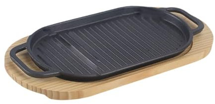 Piatto da bistecca in ghisa con base in legno, padella per barbecue per cucinare, piastra antiaderente per friggere caldo, bistecche, verdure e barbecue, accessorio da cucina (piccolo)
