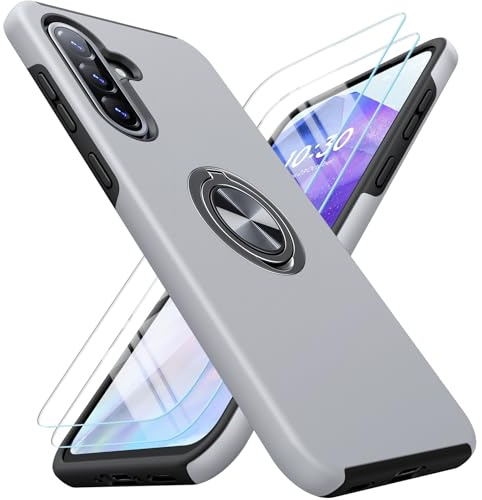 AOUIA für Samsung Galaxy A36 5G Hülle mit 2 Stück Panzerglas, 3-in-1 Set Schutzhülle, 360°Drehbarer Ring Kickstand, Anti-Fingerabdruck Militärstandard Stoßfest Handyhülle für Samsung A36, Silber