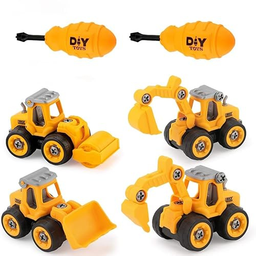 4 in 1 Take Apart Truck Car Toy Construction Vehicles Digger Toys Set, DIY Take-Apart Construction Truck Car Set with Screwdriver, DIY Excavator Digger, STEM Learning Toys for 3 Years Old Kids