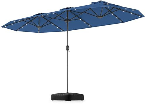 GOPLUS Doppelsonnenschirm 400 x 200 cm, Sonnenschirm mit Ständer, UV 50+, Gartenshirm mit Kurbel, Balkonschirm groß, Marktschirm Oval für Garten & Terrasse (Blau,Mit LED)