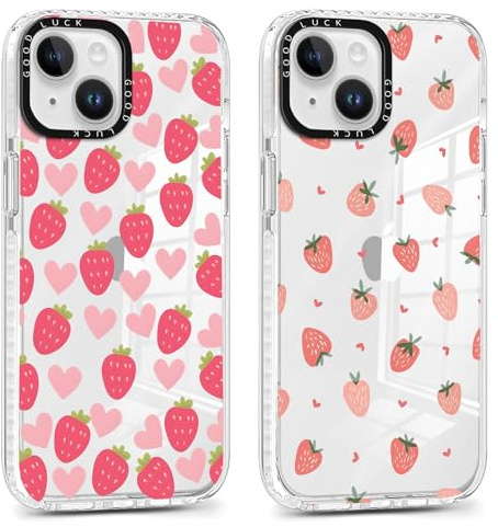 Xylota 2 Pièces Coque pour iPhone 14 Plus 6,7, Transparente Étui Aesthetic Fraise Coeur Motif Filles Femmes Case, Souple Silicone Mince TPU Housse Antichoc Antirayures Cover pour iPhone 14 Plus, Rose