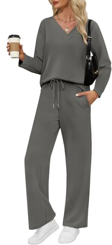 VUTRU Damen Zweiteiler Trainingsanzug Elegant Baumwolle Rundhals Jogginganzug Langarm Tshirts und weite Hose mit Taschen Sport Anzug für Damen