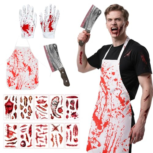 Allony Halloween Butcher Costume, Mens Halloween Costumes Adult Scary, halloween Bloody Apron, Serial Killer costume with Butcher Costume, Tattoos, Kitchen Knife, Bloody Gloves