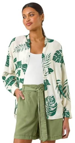 Roman Originals Shirt Top for Women UK Ladies Collarless Blouse Smart Tunic Button Through Longline Asymmetric Hem 3/4 Length Roll Up Sleeves V Neck Going Out - Green - Size 14