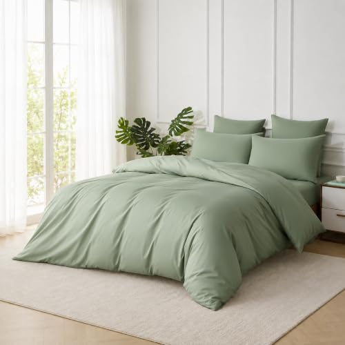 Luowei Satin Bettwäsche 135x200 cm Baumwolle, Grün, Oeko-Tex | 100% Baumwolle Weich Hautfreundlich Bettwäsche Set, 2‑teilig mit Reißverschluss, Kissenbezug 80 x 80 cm