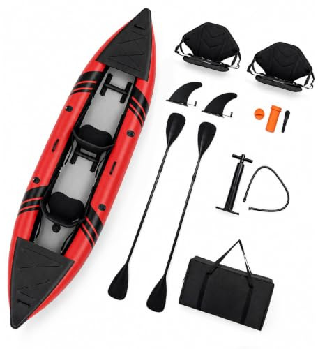 HOMASIS Kajak Aufblasbar für 2 Personen, Schlauchboot mit 2 Aluminiumpaddel & 2 Flossen, verstellbare Sitze & Fußstützen, Kanu mit Tragetasche, Pumpe & Reparaturset, bis 230 kg belastbar (Rot)