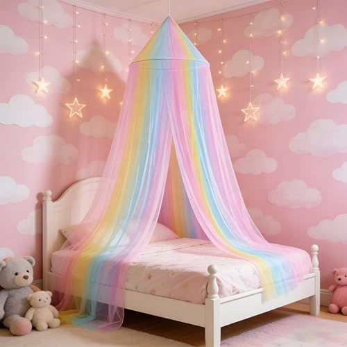 KEORHEZ Prinzessin Regenbogen Betthimmel (60 × 250 × 1200cm) Mit Einzelhaken, Waschbar Stoff Betthimmel Mädchen, Feinmaschiges Als Moskitoschutz, Für Geeignet Camping Reise Und Zu Hause