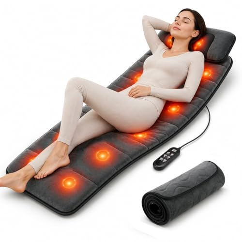 AMAWIN Full Body Massage Mat with Heat, Shiatsu Neck Massager, Body Massager Pad Cushion for Bed & Recliner, Back Massage with Vibration Therapy for Total Body Relaxation