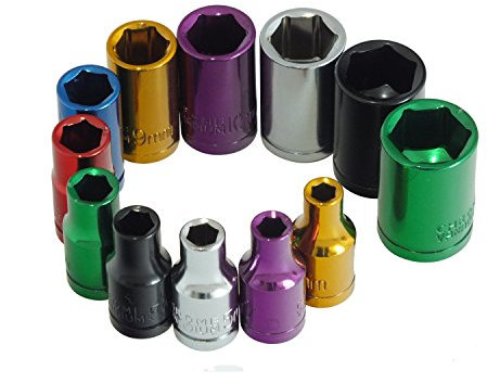 Voche 12 Piece 1/4 Shallow Coloured Chrome Vanadium Sockets On Rail