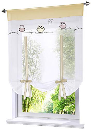 Raffrollo mit Eule Stickerei Band Raffgardinen Voile Transparent Vorhang (BxH 60x120cm, Sand)