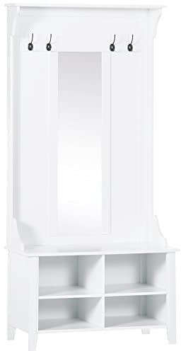 HOMCOM Porte-Manteau vestiaire d'entrée avec Banc à Chaussures et Miroir dim. 80L x 40l x 170H cm 4 étagères 4 patères Double Crochet Bois Blanc