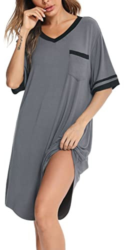 Vlazom Chemise de Nuit Femme Grande Taille T Shirt de Nuit Manche Courte Col V Robe de Nuit S-XXL,L,Gris Foncé
