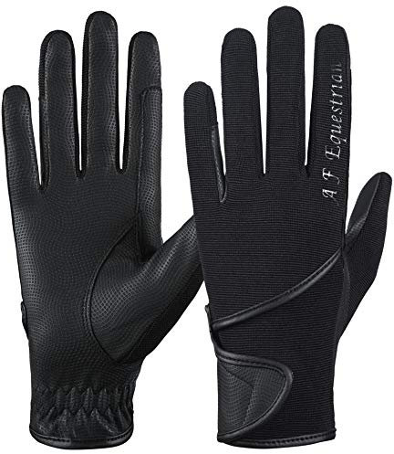 AFE Guanti da equitazione da donna, in pelle sintetica, tessuto elasticizzato nero, rosa, viola, lilla (stampa dita nere, M)