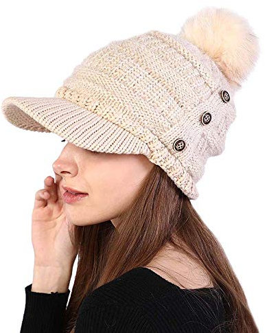GUMONI Winter Warme Dick Schirmmütze Damen Fleece Gefüttert Bommelmütze Gestrickte Strick Mütze mit Groß Pompon 3 Knöpfe als Dekoration Beige