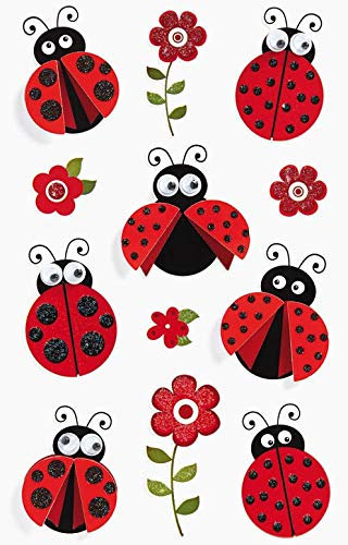 bsb Sticker - Aufkleber mit Marienkäfern & Blumen - Stickerbogen in 7,8 x 12,5 cm - selbstklebende Sticker mit Wackelaugen - zum lustigen Verzieren