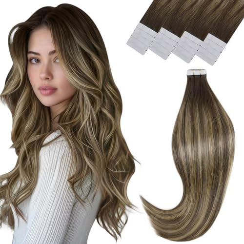 Tape in Extensions Echthaar Braun Balayage Extensions Echthaar Tape Braun Echthaar Tape Extensions Balayage Mittelbraun Ombre Karamelbrau45cm/50g 20P #4/27/4