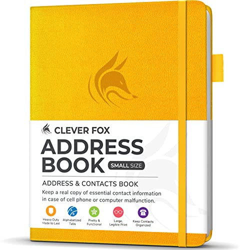 Clever Fox Adressbuch mit alphabetischen Registerkarten – Telefon- und Adressbuch aus PU-Leder, zur sicheren Aufbewahrung von Kontakten, Kontakt-Organizer, Tagebuch, kleine Größe (10,5 x 14 cm), | 10,2 x 14 cm, PU-Leder-Hardcover, Alphabet-Tabs, 120 g/m²-Papier, Taschen-Telefonnummern-Kontaktbuch für Geldbörse, Senioren,