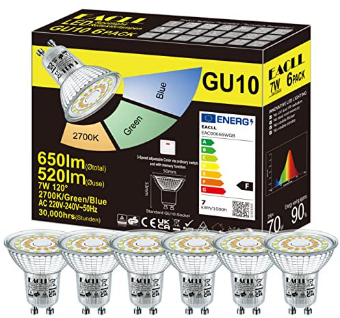 EACLL 6er-Pack GU10 LED Lampe 7W 3-Stufen Einstellbare Farbe über Schalter, 2700K 650lm Warmweiß-Grün-Blau, 3-Farbiger 3-in-1 Strahler mit Memory-Funktion, Dimmbare Lichtfarbe ohne Fernbedienung