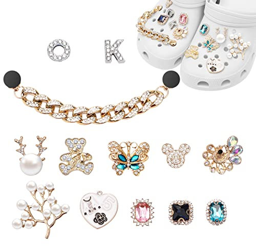 13 STÜCKE, Bling Schuh Charms mit Metallkette, Schmuck Mode Schuh Dekoration Charms für Damen, Crystal Diamond Charms Passend für Clog Sandalen, Cute CLOG Charms für Frauen, Mädchen