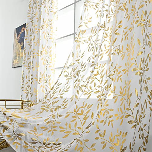 Sutuo Home Durchsichtige Vorhänge, 160 cm Länge, 2 Paneele, luxuriöser Goldfolien-Druck, metallische Bronzierungsblätter, Privatsphäre, Fensterbehandlung, Weihnachtsdekoration, Vorhang für Küche,