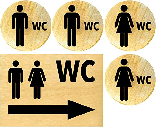 Clever Pool Lot de 2 autocollants WC pour femme et homme - Résistant aux intempéries - Plaque de porte - Plaque de porte - D = 148 mm (2 WC homme+femme+flèche droite en bois, en langue allemande)