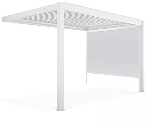 Bioklimatische Pergola, anlehnend, weiß, 3 x 4 m und 1 Rollo, 2,66 x 2,34 m