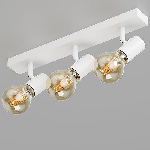 K-Bright Deckenstrahler 3 Flammig, Deckenleuchte Strahler Schwenkbar, Vintage Deckenlampe E27, Spotleuchte Drehbar Deckenspots für Wohnzimmer, Schlafzimmer,Weiß, Ohne Leuchtmitte