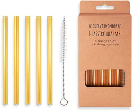 5 Stück Glasstrohhalme Gelb | wiederverwendbar | Glastrinkhalm | Spülmaschinenfest | inklusive Reinigungsbürste | 15 cm lang, 5 Stück | +Bürste