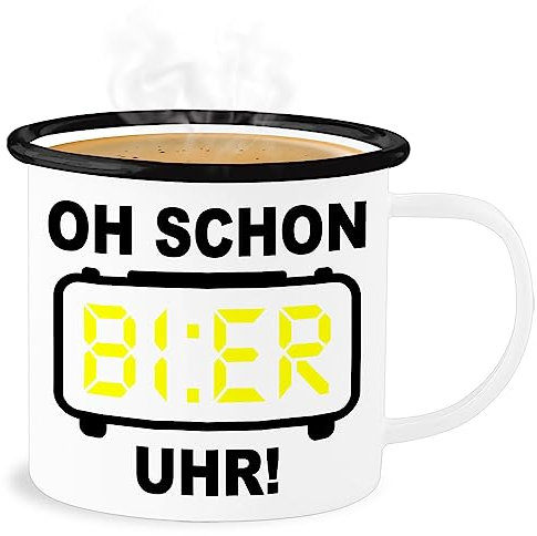 Emaille Becher Blechbecher - Statement Sprüche - Oh schon Bier Uhr! Schwarz - 300 ml - Weiß Schwarz - sarkasmus uhr tasse spruch spruechen sprüche, sprueche mit sprüchen stoffbeutel lustige