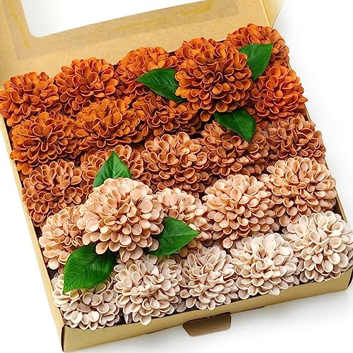 Artificial Wedding Dahlia Flowers 25 pcs Fake Roses with Stem for DIY Wedding Decor Centerpieces Arrangements Bouquets (Shades of Burnt Orange)