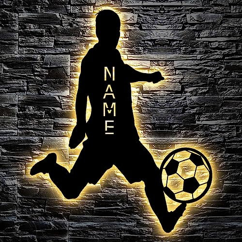 LEON FOLIEN Fußball Geschenke mit Namen für Jungs Männer Mädchen LED Lampe Nachtlicht mit Personalisierung in 7 Farben Aus MDF Holz - Deko Lampe
