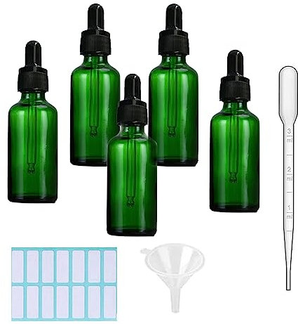 SKYPRO 5 Stück grüne Glas-Tropfflaschen mit 1 Trichter & 1 Pipette & 14 Stück/Blatt kleine Flaschenaufkleber 50 ml Glasflaschen für ätherische Öle, Flüssigkeiten