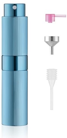 Toureal Diseño de Rayas Finas Aluminio 8ml Atomizador Perfume Recargable, Perfumador Dispensador de Viaje, Spray Pulverizador Pequeño para Colonia (Azul)