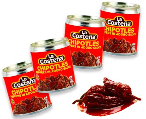 Chipotle Chili à Adobo Sauce de La Costeña - Lot de 4 piments fumés et épicés à la sauce tomate épicée - Idéal pour les plats mexicains