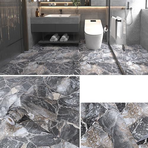 PVC Bodenbelag Selbstklebende 2m², Bodenaufkleber,Wasserfeste Bodenaufkleber,Rutschfeste Bodenaufkleber für Eingangstür,Wohnzimmer,Küche,0.4 * 5m,Mehrere Muster (Marmor, Schwarz)