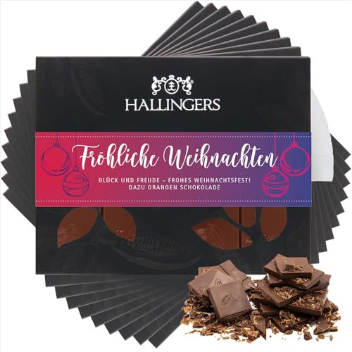 Hallingers Genuss Manufaktur Schokolade Weihnachts-Geschenk - Tafel Edelkakao handgeschöpft ohne Alkohol edler Karton 10x Fröhliche Weihn... Orange, Weihnachten für Frauen Männer
