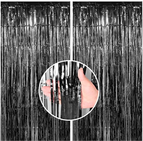 Lametta Vorhang Schwarze, 2 Stück Metallic Folie Fransen Lametta Vorhänge, Schwarz Streamer Tinsel Curtain Photo Booth Backdrop für Geburtstag Babyparty Verlobungs Disco Halloween Partydeko(1m x 2m)