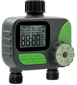 Mcbazel Programmatore di Irrigazione a 2 Vie,Timer Automatico a 3 Modalità per Sprinkler da Giardino per Giardino,Prato,Supporta Modalità Manuale,Automatica,Ritardo per Pioggia e Avviso - Verde