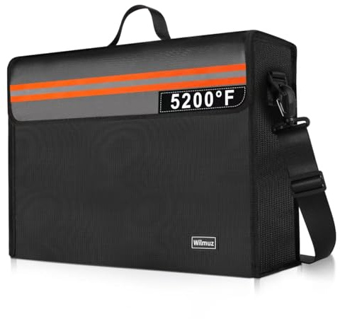 Wilmuz Fireproof Document Bag with Shoulder Strap, 5200℉ Insulated(A4 Size) | Waterproof Zipper, Handle,Reflective Strip,UL94 V-1 Certified,Large Fire Proof Box for Cash,Valuables,Jewelry(Black)