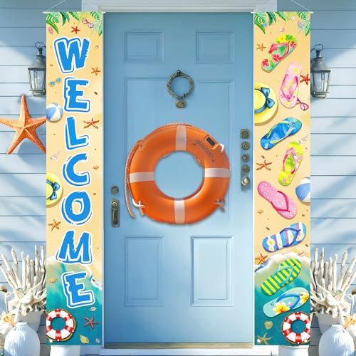 Welcome Summer Veranda Banner Flip Flops Haustür Hängendes Banner Hawaii Veranda Schild Willkommen Hängendes Banner Willkommen Sommer Tür Banner Dekorationen für Garten Hof Flip Flops Strand Thema
