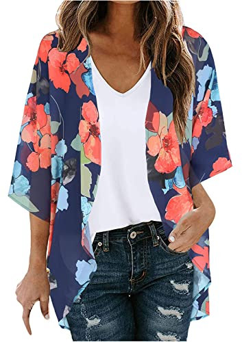 Waterfall Cardigans for Women - Black Kimono Womens Summer Jacket, Hawaiian Floral Printed Lightweight Casual Chiffon Summer Kimono, Short Sleeve, Open Front