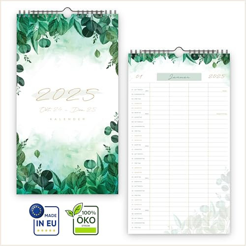 UNITURE® Grüner Familienplaner 2025 kompakt [mit 4 Spalten] für perfekte Planung der ganzen Familie, Familienkalender 2025. 31x17,5 cm, Kalender 2025 Greenery Wandkalender 2025, Jahreskalender 2025