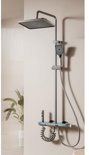 MocArt Duschsystem mit Keramik Ventilkern, Mittelkonsole aus Space-Aluminium, Wassersparendes Duschset mit 4 Funktionen, Anhebbare Duschstange, Handbrause mit 3 Modi (Metallgrau)