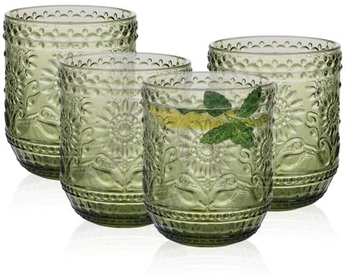 Hebaogugu Drinking Glasses Set of 4, Emboss Vintage Water Cups for Tea, Beverage, Milk, 350 ml 12 oz Glasses Tumbler Heavy Duty Wine Glasses for Beer, Cocktail, Whiskey (Green)