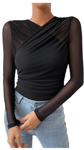 GORGLITTER Women's Wrap V Neck Mesh Sheer Ruched Tops Long Sleeve Casual Slim Fit Shirts Black L