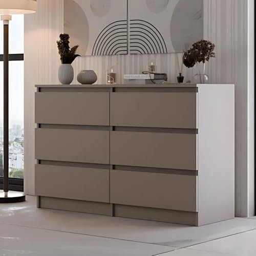 Kommode, Schlafzimmer Flur, Schrank, Sideboard, Highboard mit 6 Schubladen, Breite 120 cm Höhe 75 | Dunkelbeige Perfekt für Wohnzimmer, Schlafzimmer oder Esszimmer
