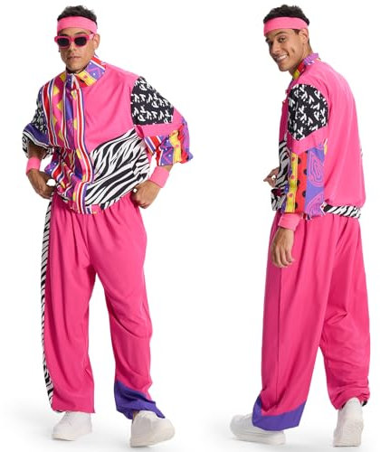 Ulikey 80er Trainingsanzug, 80er 90er Jahre Outfit Herren Damen, Kostüm 80er Jahre Set mit Stirnband Armbänder Brille Paare para Faschingskostüme Karneval Cosplay (Rosa, L)